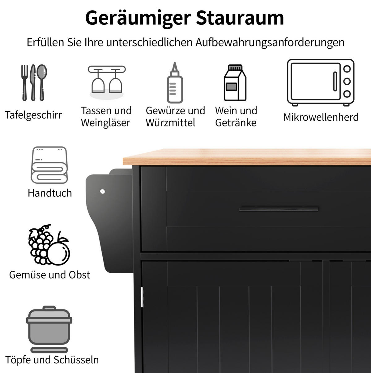 KÜCHENINSEL 129/71/91,5 cm schwarz natur mit klappbarer Arbeitsplatte - Schwarz, Holzwerkstoff (129/91.5/71cm) - OKWISH