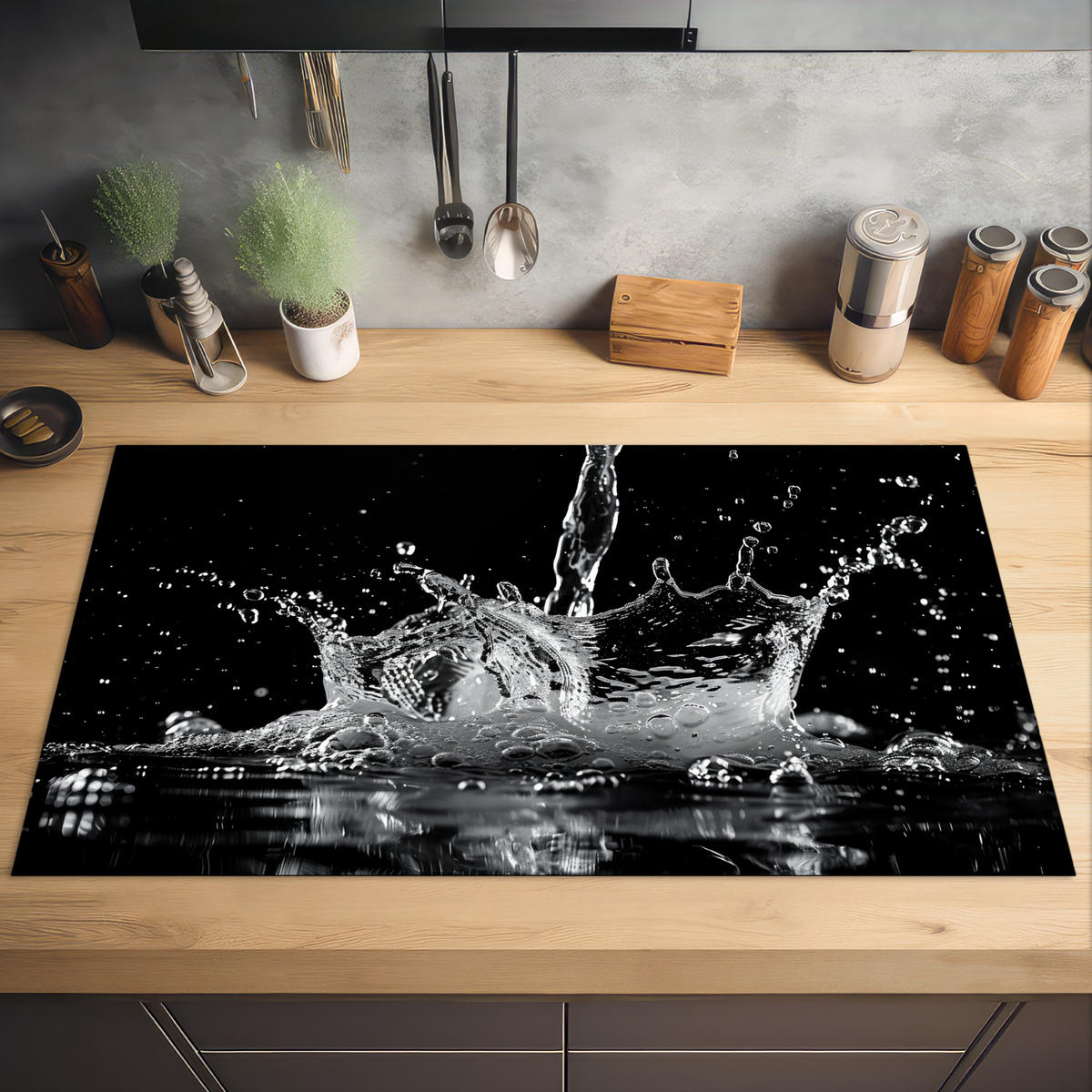 HERDABDECKPLATTE Wasser - Spritzwasser - Schwarz Induktionsschutz 91.6x52.7 cm - Schwarz, Kunststoff (91.6/52.7/0.2cm) - MuchoWow