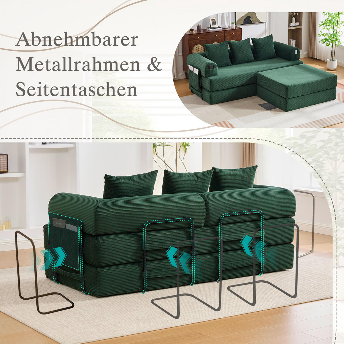 ECKSOFA Cord Smaragdgrün mit Hocker und Kissen - Smaragdgrün, Textil/Metall (218/285cm) - WISHDOR