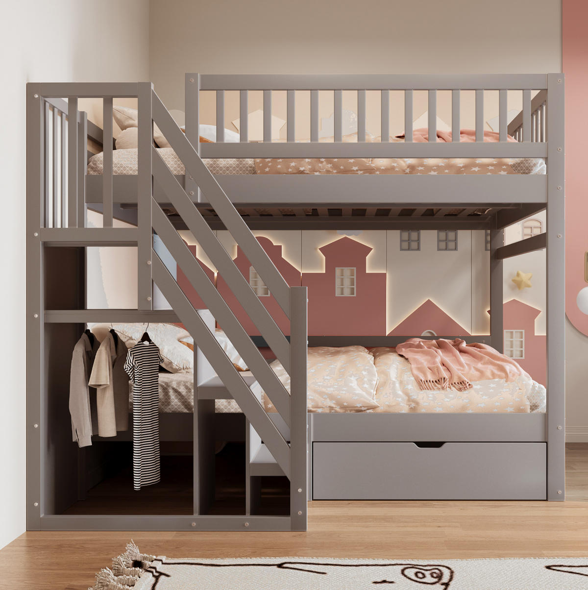 ETAGENBETT 140/200 cm aus Kiefernholz mit Stauraumtreppe und Schubladen Grau - Grau, Holz (140/200cm) - Modenvie