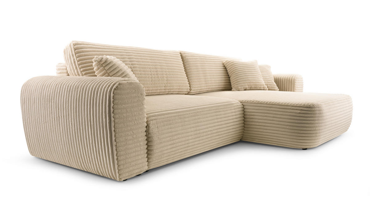 ECKSOFA VIVA Beige Kordstoff mit Schlaffunktion - Beige, Holz (297/169cm) - MASSENO