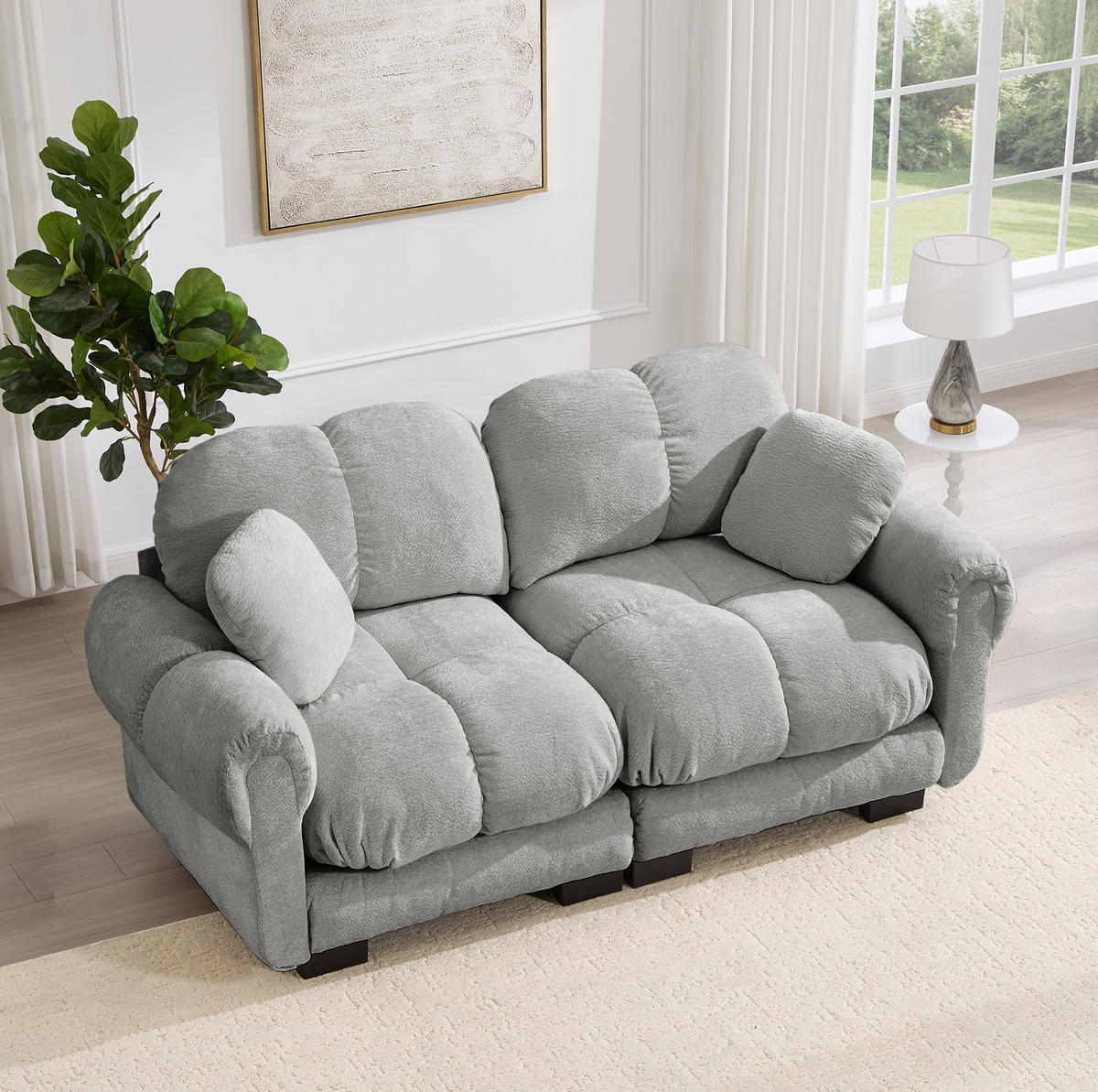 SOFA 190/86/90 cm in Hellgrau aus Chenille mit Steppnähten - Hellgrau, Textil (86/90/190cm) - Flora Grace
