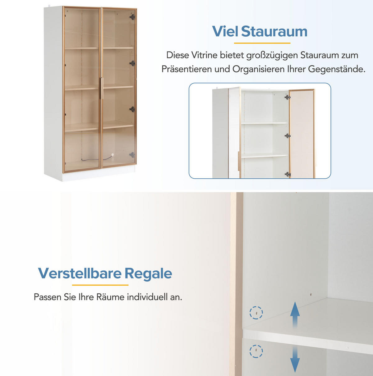 VITRINEN-SET 160/40/160 cm in Weiß mit LED-Beleuchtung und verstellbaren Böden - Weiß, Holzwerkstoff (160/160/40cm) - Flora Grace