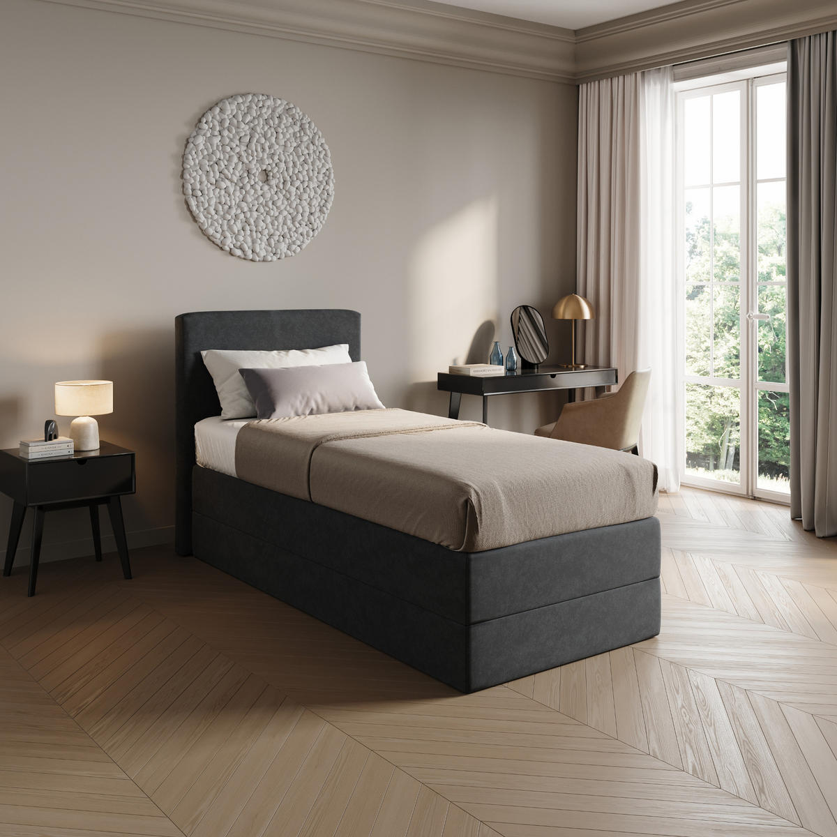 BOXSPRINGBETT mit Bonnell Matratze, mit Kopfteil, 90 x 200 cm, in Dunkelgrau - Anthrazit, Naturmaterialien (90/200cm) - Home Collective