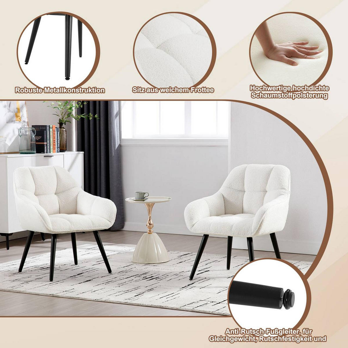 RELAXSESSEL Frottee, mit Metallbeinen, Creme - Creme/Schwarz, Kunststoff/Textil (64/78.5/68.5cm) - Woltu