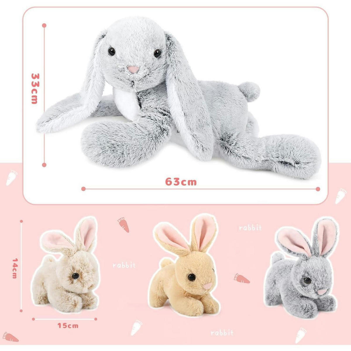 PLÜSCHTIER Hase mit 3 Babys 63 cm Grau - Multicolor, Textil (40/60cm)