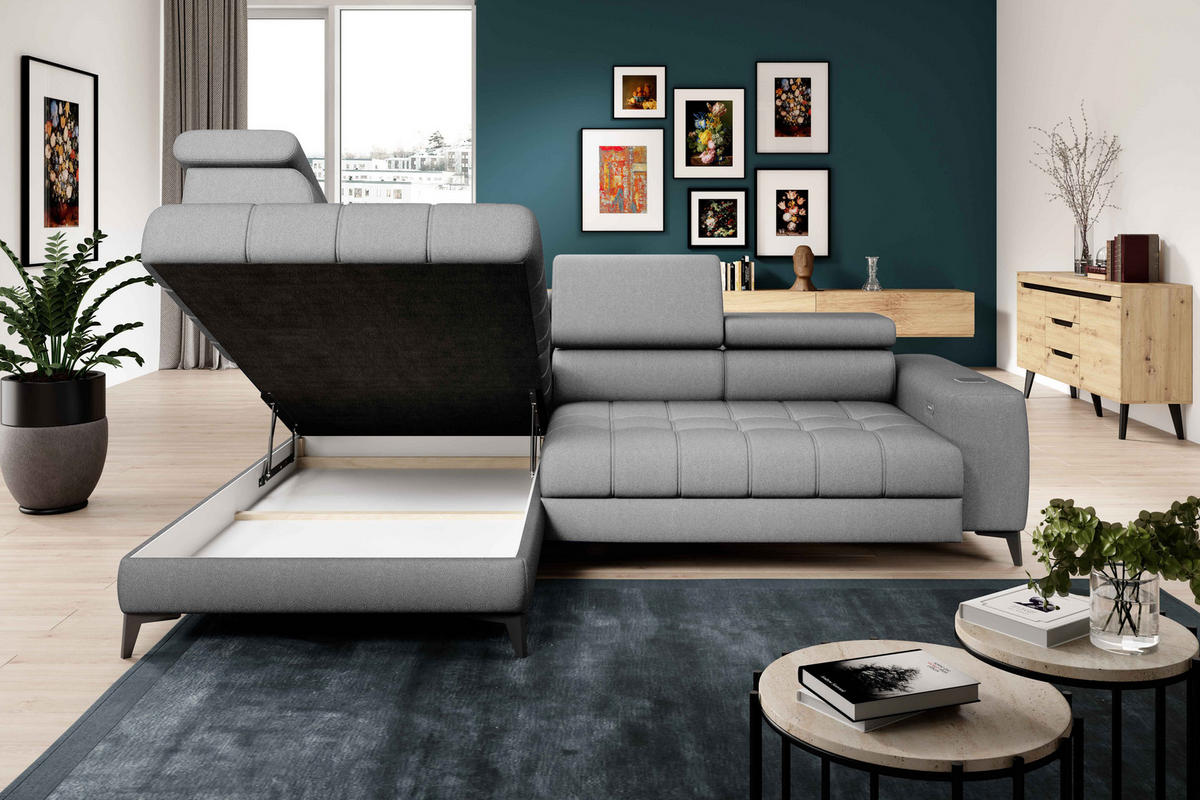 ECKSOFA BAGGIO Letto Stoff, Schlaffunktion, Bettkasten, Sitztiefe, Kopfstützen 280x196cm – Links – Grau - Grau, Holz/Textil (196/280cm) - DomoHome