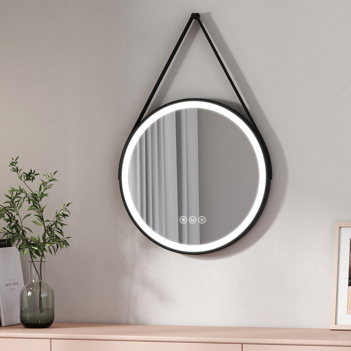 BADSPIEGEL Rund mit Touch-Schalter Beleuchtung mit Hängeriemen Schwarz ф50 cm - Schwarz, Glas (50/3.5/50cm) - EMKE