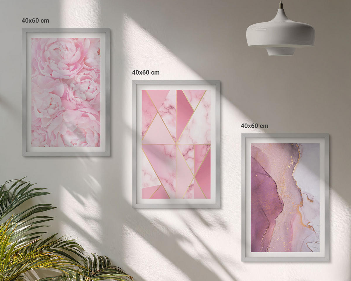 BILDER SET 3er Set - 40x60 cm Silberner Rahmen - Rosa geometrische Pfingstrosen - Silberfarben, Kunststoff (40/60cm) - TULUP