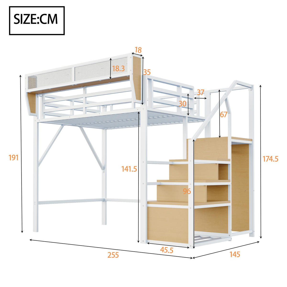 HOCHBETT 140/200 cm DE-01394, in Weiß, mit Sicherheitsleiter und flexiblem Staufach - Weiß, Metall (140/200cm) - ComfortXL