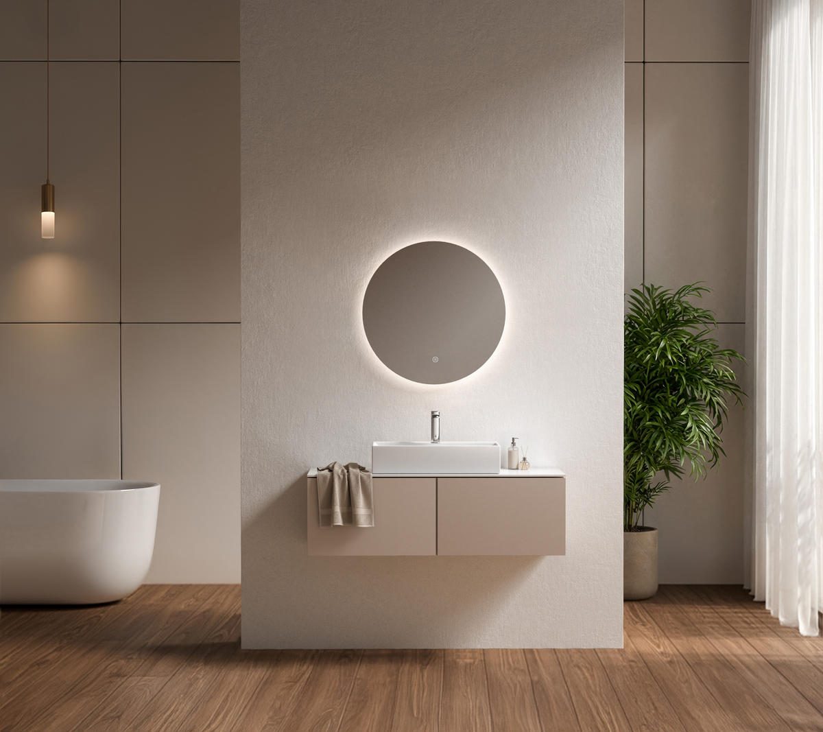 BADSPIEGEL Rund mit Beleuchtung Rahmenlos, Kaltweißes Licht, beschlagfrei, Ø 50 cm - Weiß, Glas (50/3/50cm) - EMKE