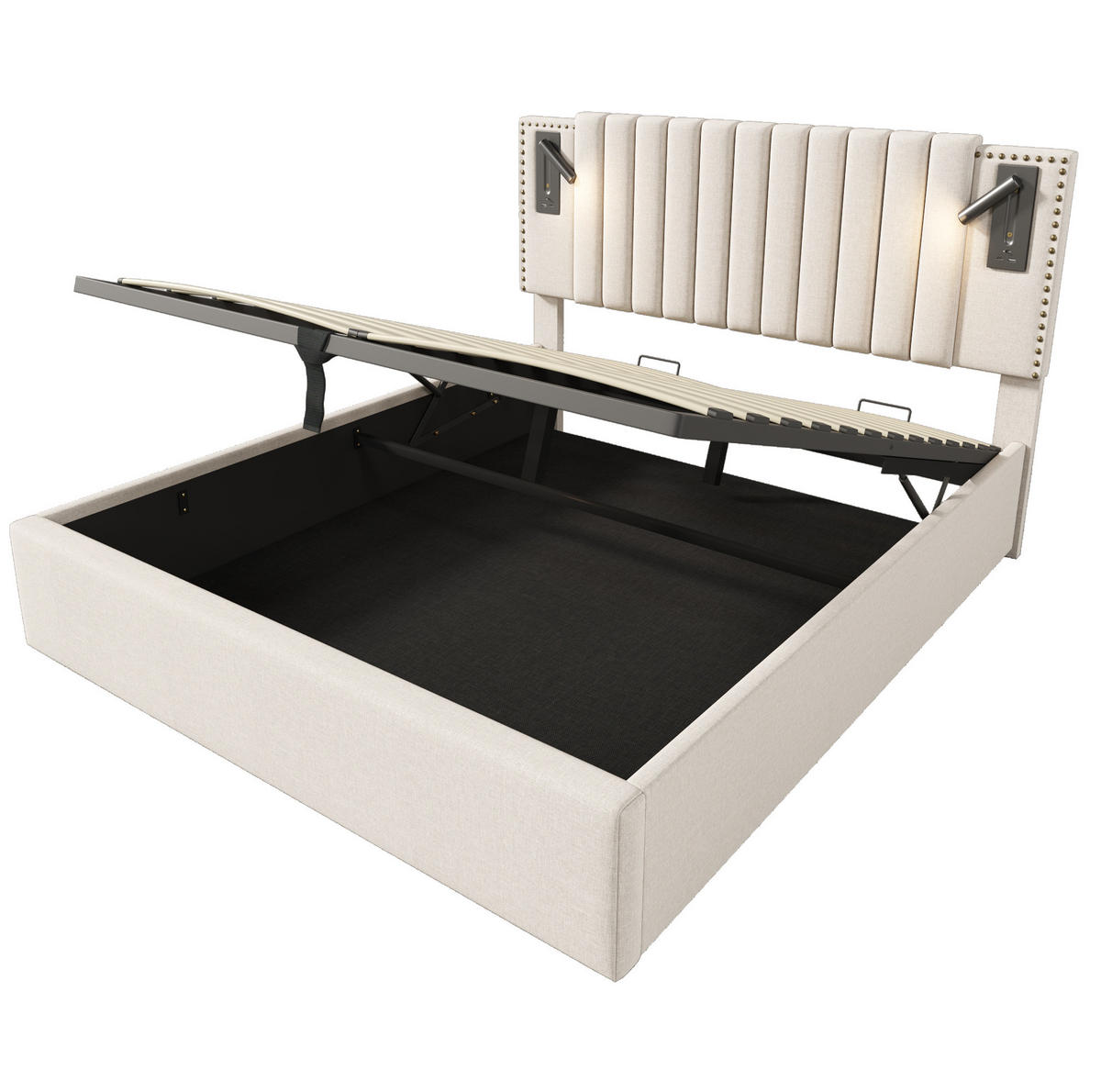 POLSTERBETT 160/200 cm aus Baumwolle mit Leselicht, USB- und Type-C-Anschlüssen, Bettkasten und Matratze, Beige - Beige, Textil (160/200cm) - Redom
