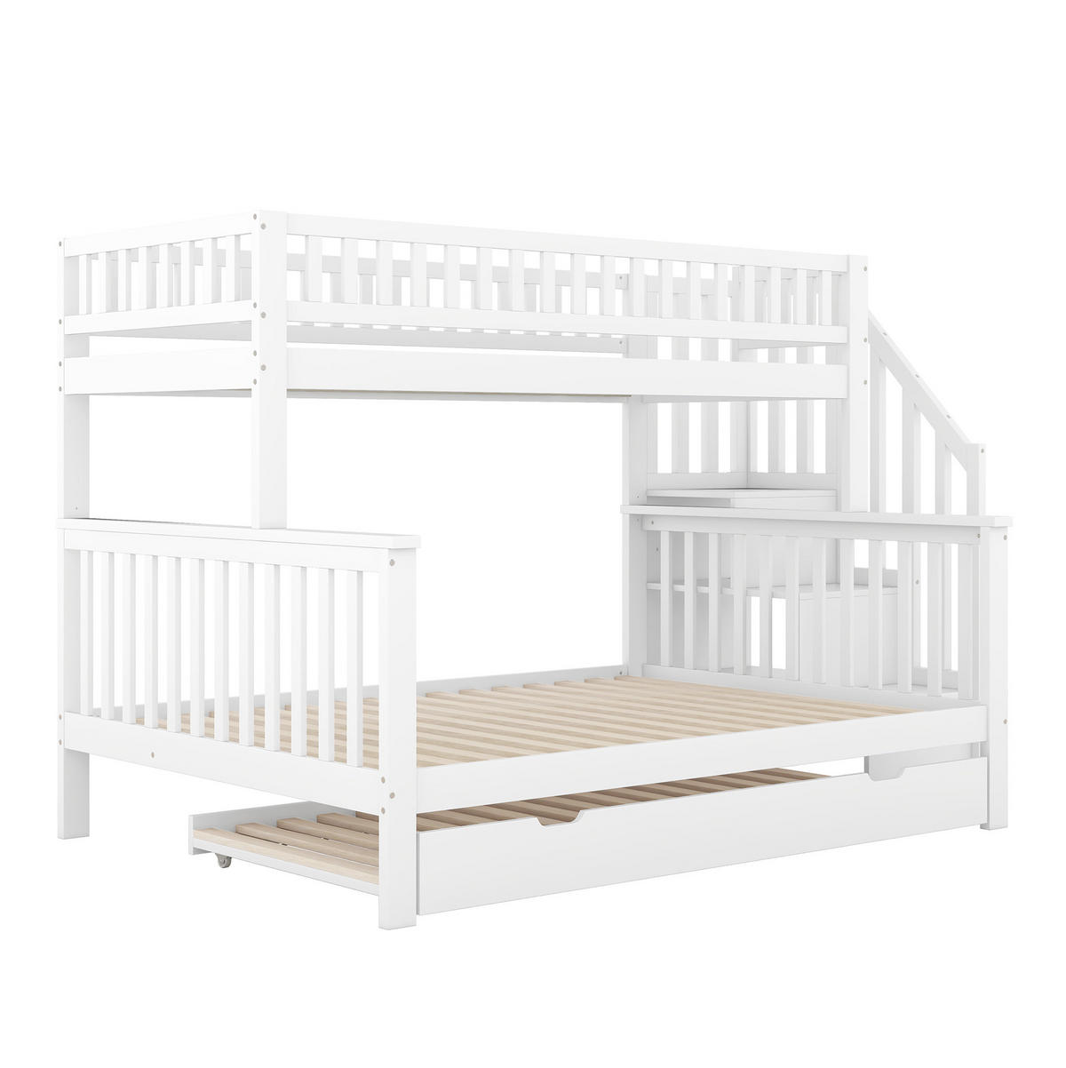 ETAGENBETT 90/200 und 140/200 cm mit Rollbett, Treppe mit Stauraum und Lattenrost, Kiefer, Weiß - Weiß, Holzwerkstoff (90/200cm) - Redom