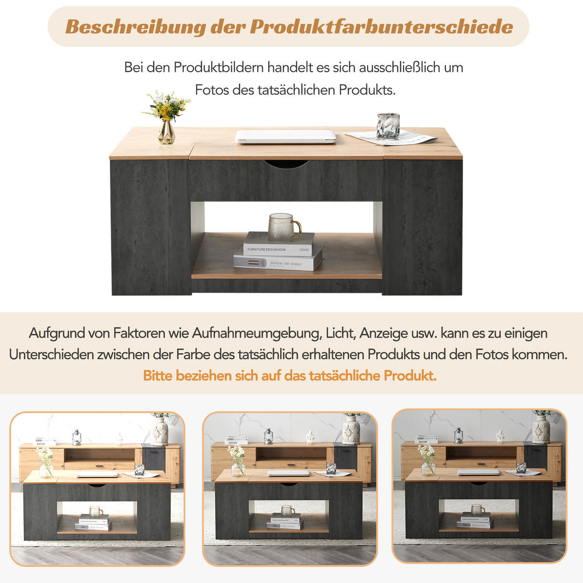 COUCHTISCH aus MDF 109,5x59,7x43 cm Grau/Braun mit Liftfunktion und Stauraum - Grau, Holzwerkstoff (109.5/59.7/57.4cm) - IVMEU