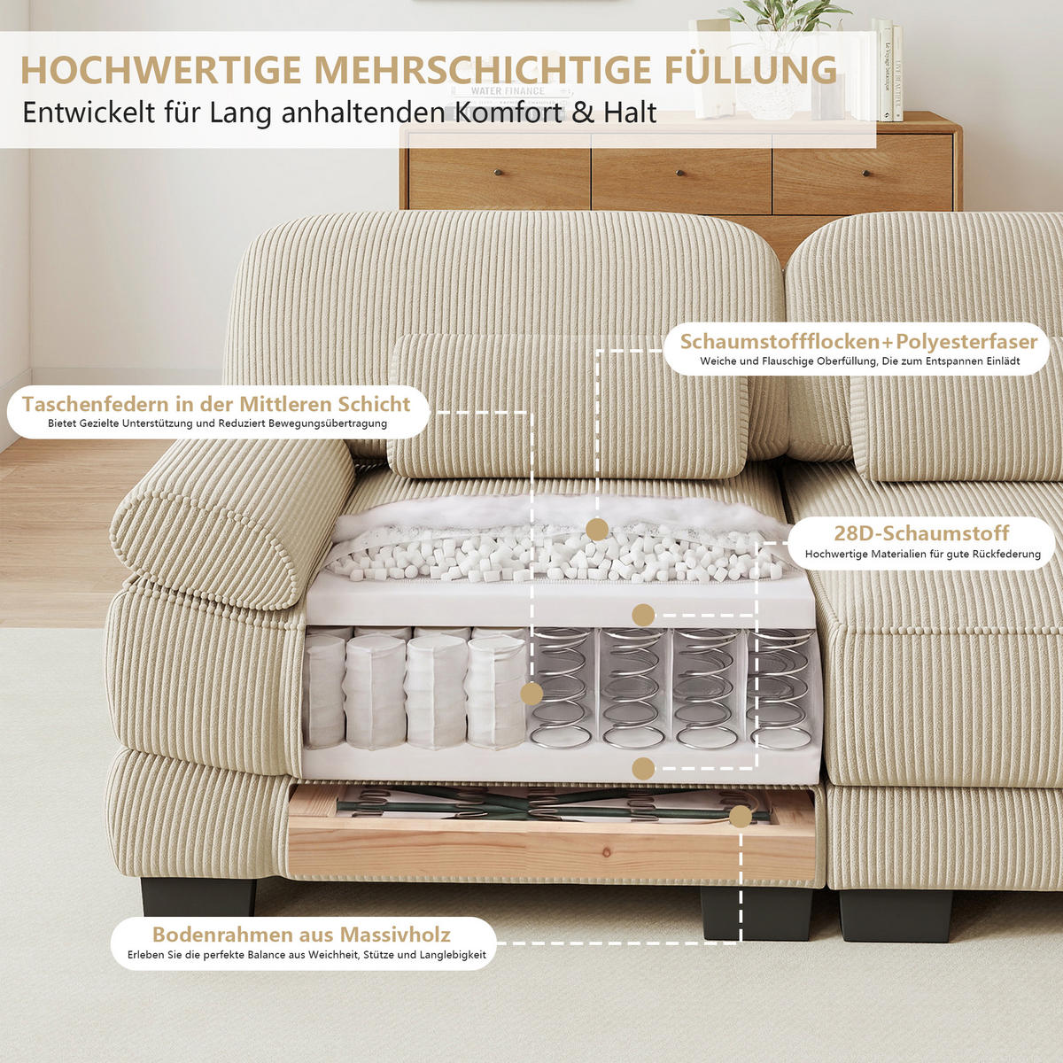 ECKSOFA L-Form 3-Sitzer mit Hocker, DE-42659, Beige - Beige, Holz (265/161cm) - ComfortXL