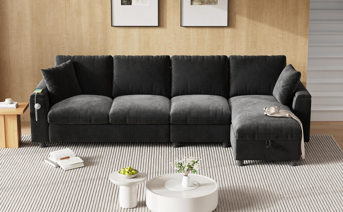 ECKSOFA 280/137/84 cm aus Chenille mit Schlaffunktion und Stauraum Grau - Grau, Textil (137/280cm) - Modenvie