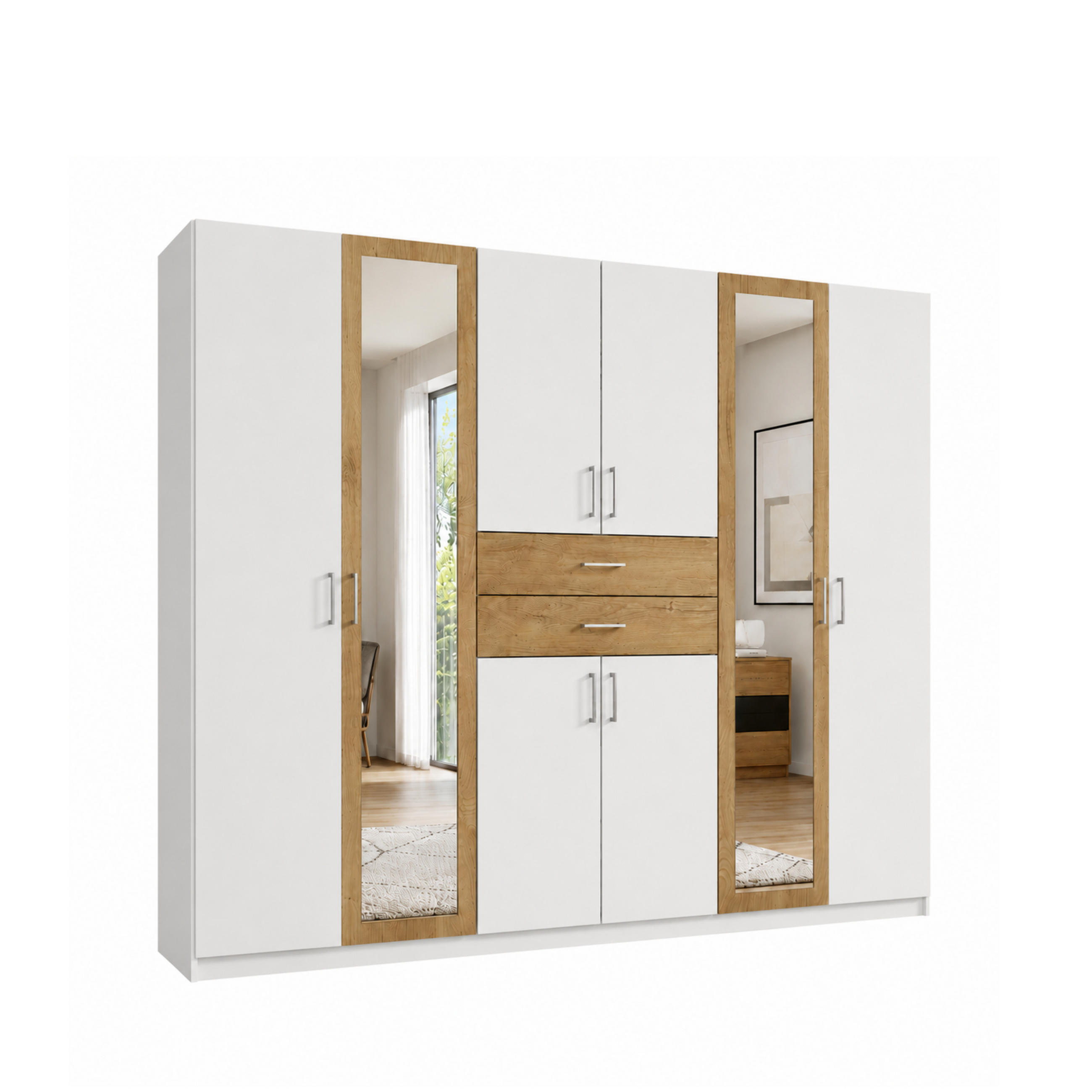 DREHTÜRENSCHRANK Kleiderschrank B270/H208/T58 cm mit Schubkästen & 2 Spiegeltüren, Weiß mit Absetzungen in Eiche Dekor / 22595 - Eichefarben/Silberfarben, Holzwerkstoff/Kunststoff (270/208/58cm) - luma-home
