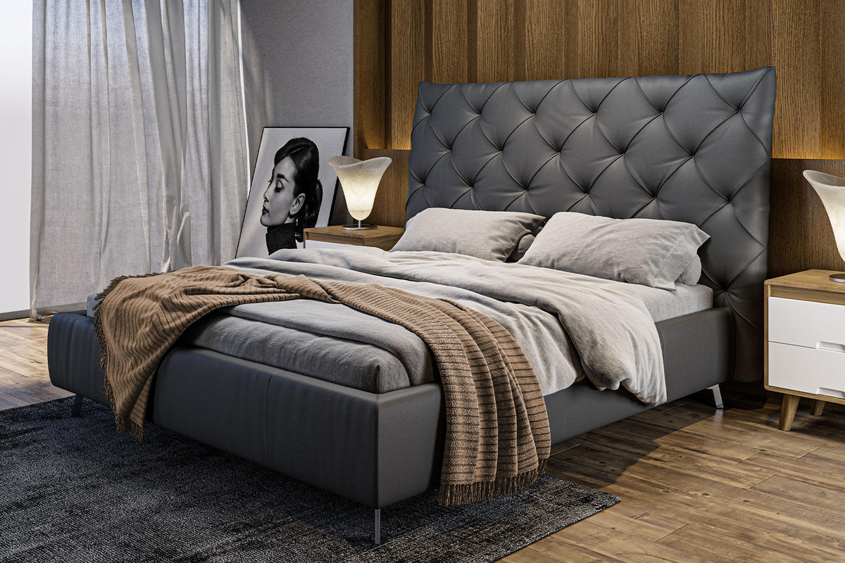 POLSTERBETT ANNY Schwarz Massivholz - Schwarz, Leder (140/200cm) - KAWOLA