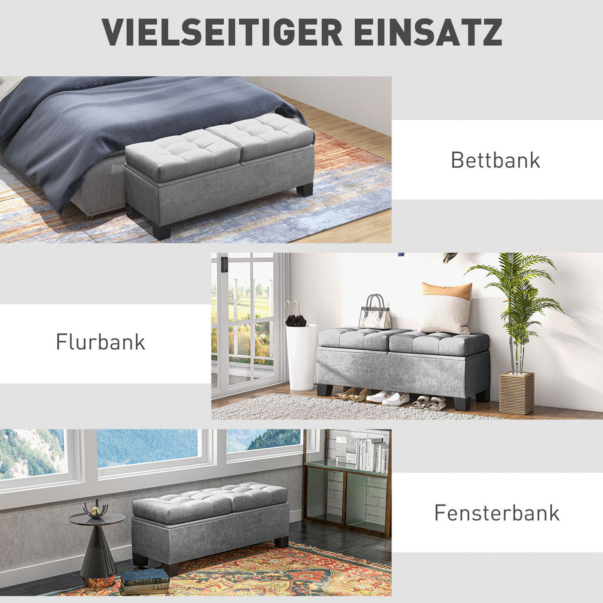 SITZBANK mit Stauraum, Polsterbank mit Leinenoptik Gepolsterte Aufbewahrungsbox - Schwarz/Grau, Holzwerkstoff/Textil (41/47/116cm) - HOMCOM