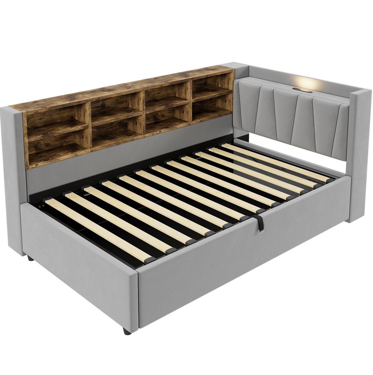 POLSTERBETT 90/200 cm Hellgrau aus Samt mit Stauraum - Hellgrau, Textil (90/200cm) - OKMYHOME