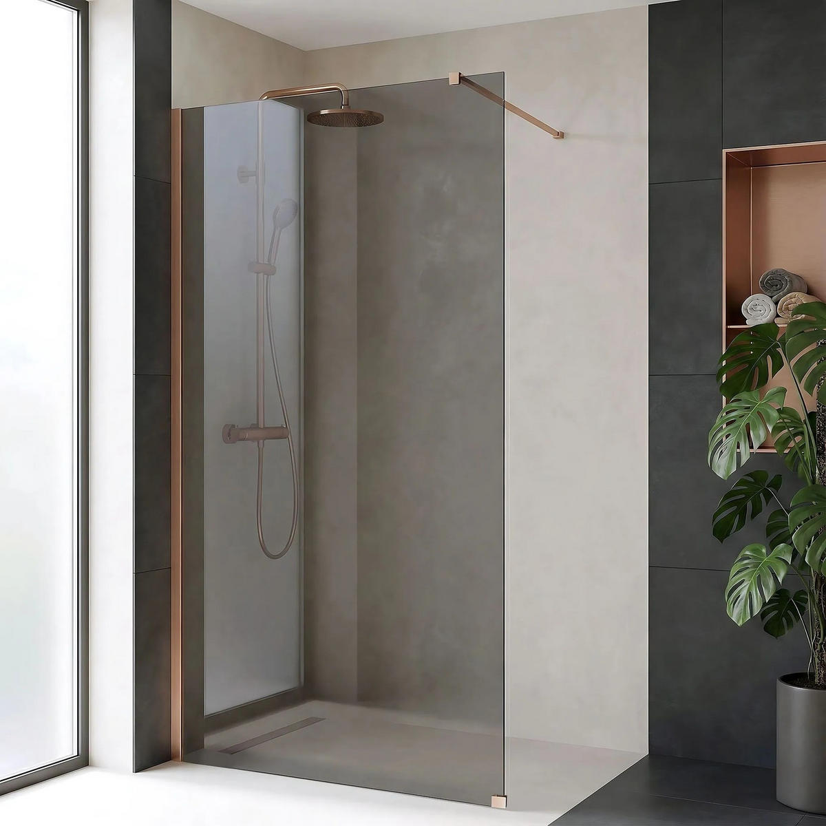 DUSCHWAND Rea Flexi Grey / Brush Copper 90 - Kupferfarben, Glas (120/90/195cm) - REA