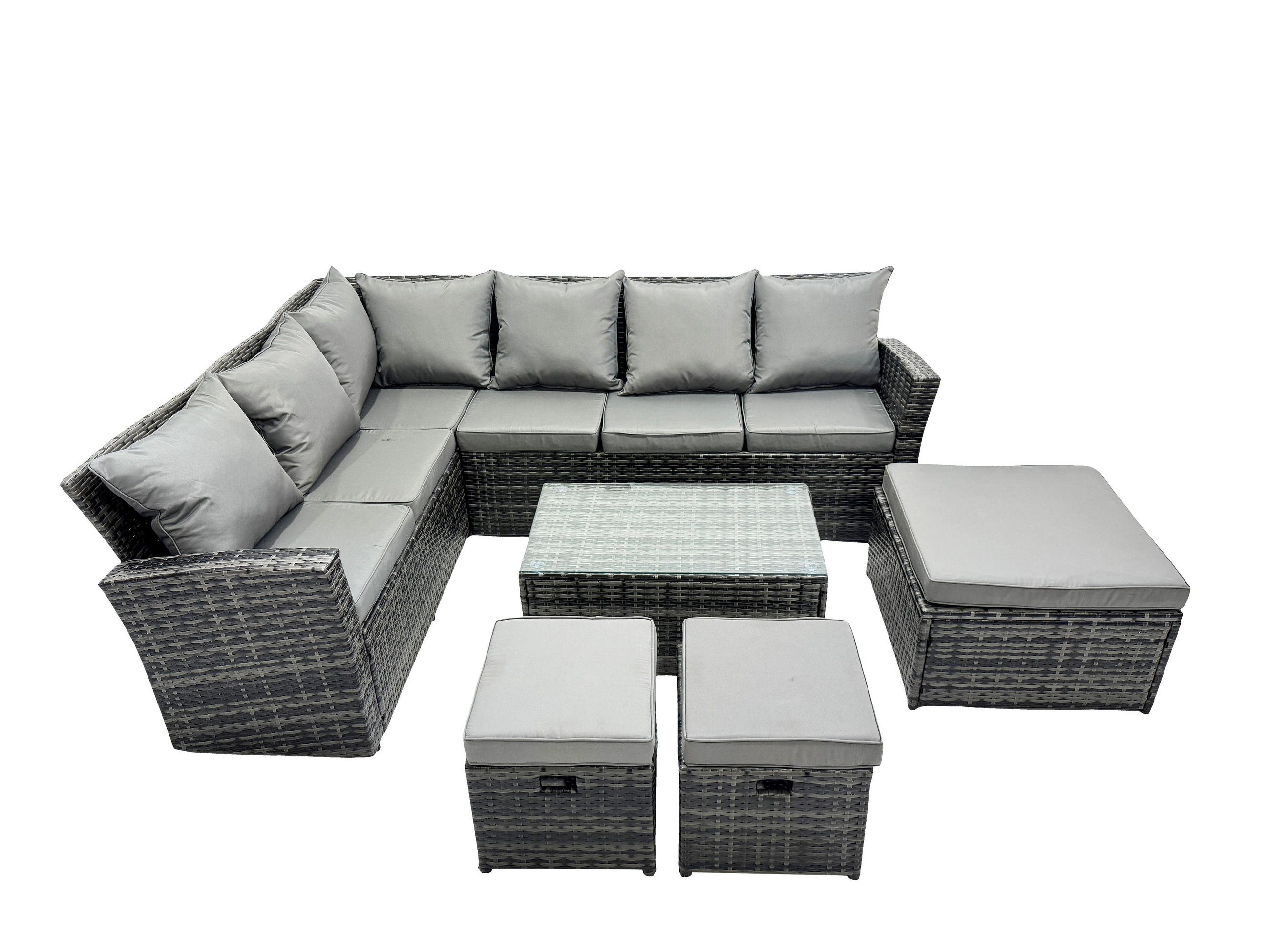 BALKONMÖBEL-SETS mit Ecksofa,Länglicher Couchtisch,3 Fußhocker Polyrattan Dunkelgrau 9-Sitzer - Dunkelgrau/Grau, Glas/Kunststoff - Fimous