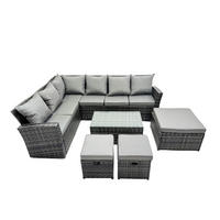 BALKONMÖBEL-SETS mit Ecksofa,Länglicher Couchtisch,3 Fußhocker Polyrattan Dunkelgrau 9-Sitzer - Dunkelgrau/Grau, Glas/Kunststoff - Fimous