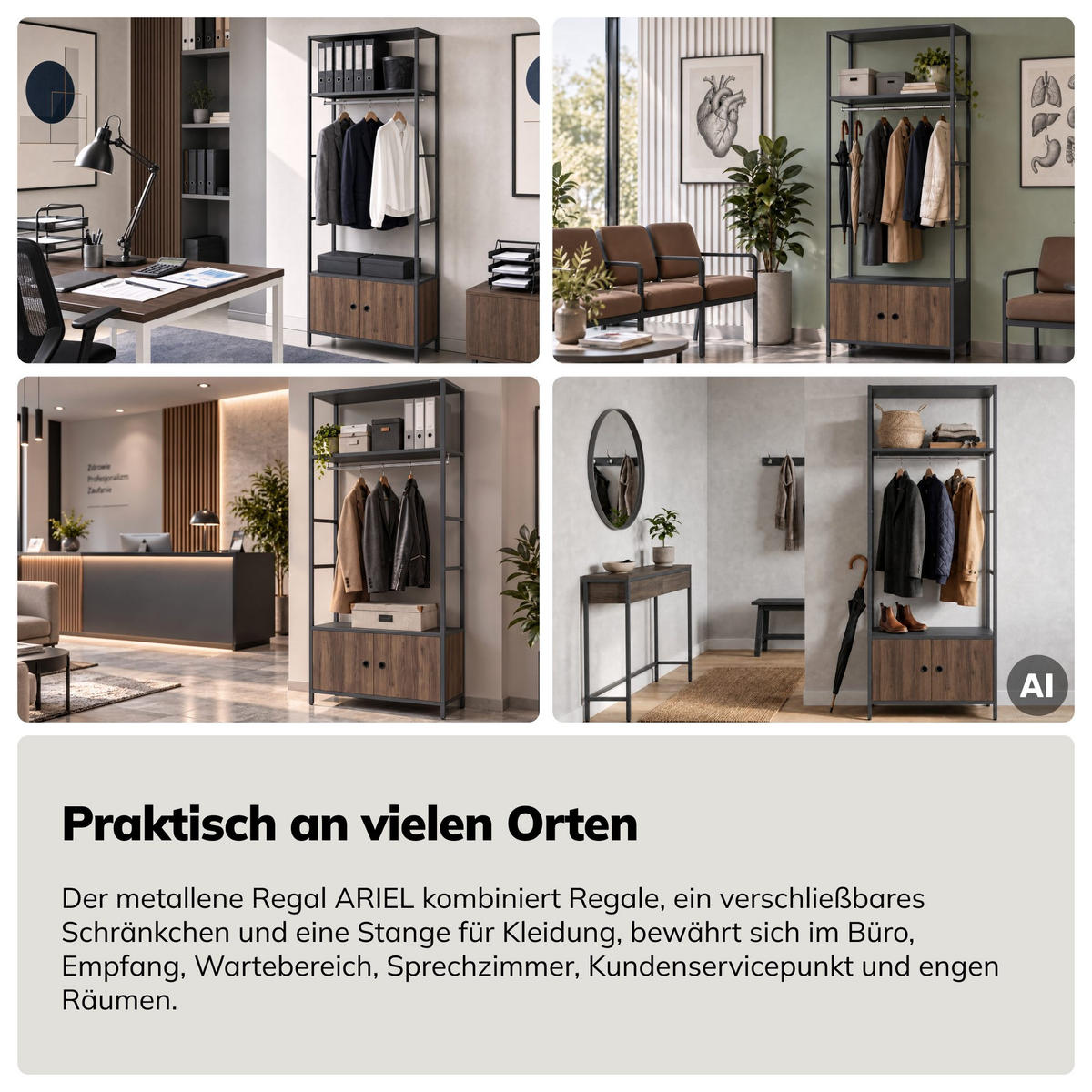 OFFENES Büroregal ARIEL 80 × 220 × 40 cm - Anthrazit/Nussbaumfarben, Metall (80/220/40cm)