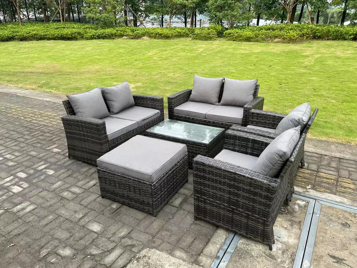 GARTENMÖBEL Set Polyrattan Dunkelgrau 7-Sitzer - Dunkelgrau, Metall - Fimous