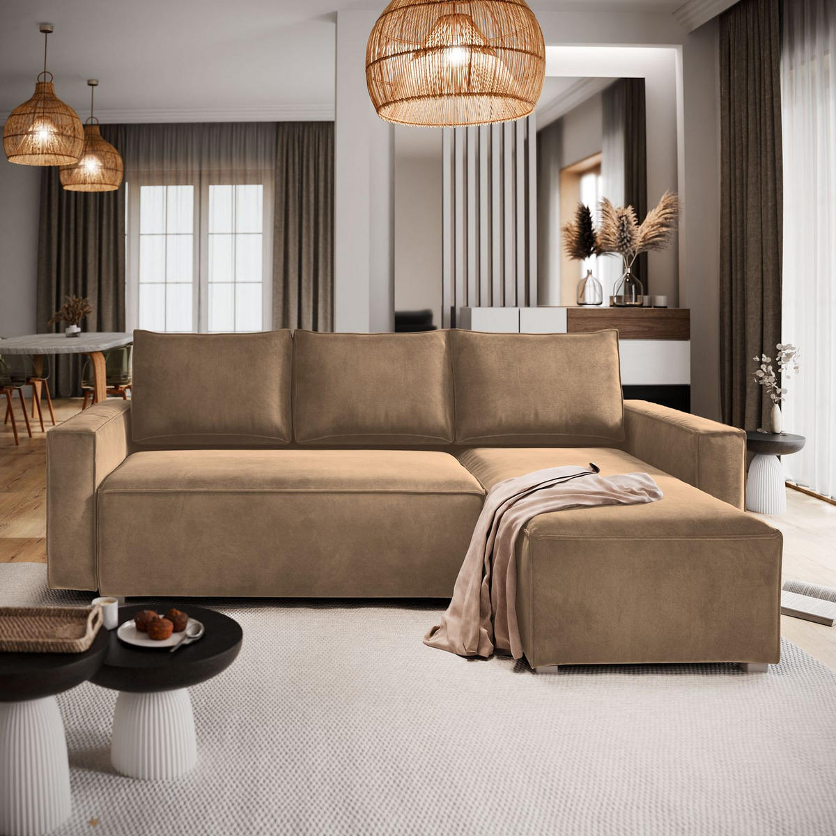ECKSOFA SILES Beige Velours-Stoff mit Schlaffunktion - Beige, Holz (230/140cm) - MASSENO