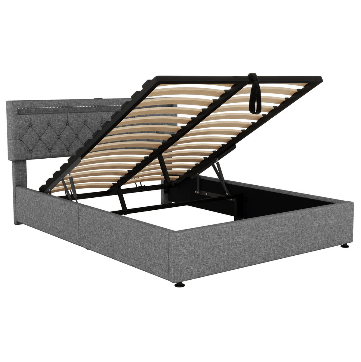 POLSTERBETT aus Leinen 160x200 cm in Grau mit LED-Beleuchtung & USB-C - Grau, Textil (160/200cm) - Modfu