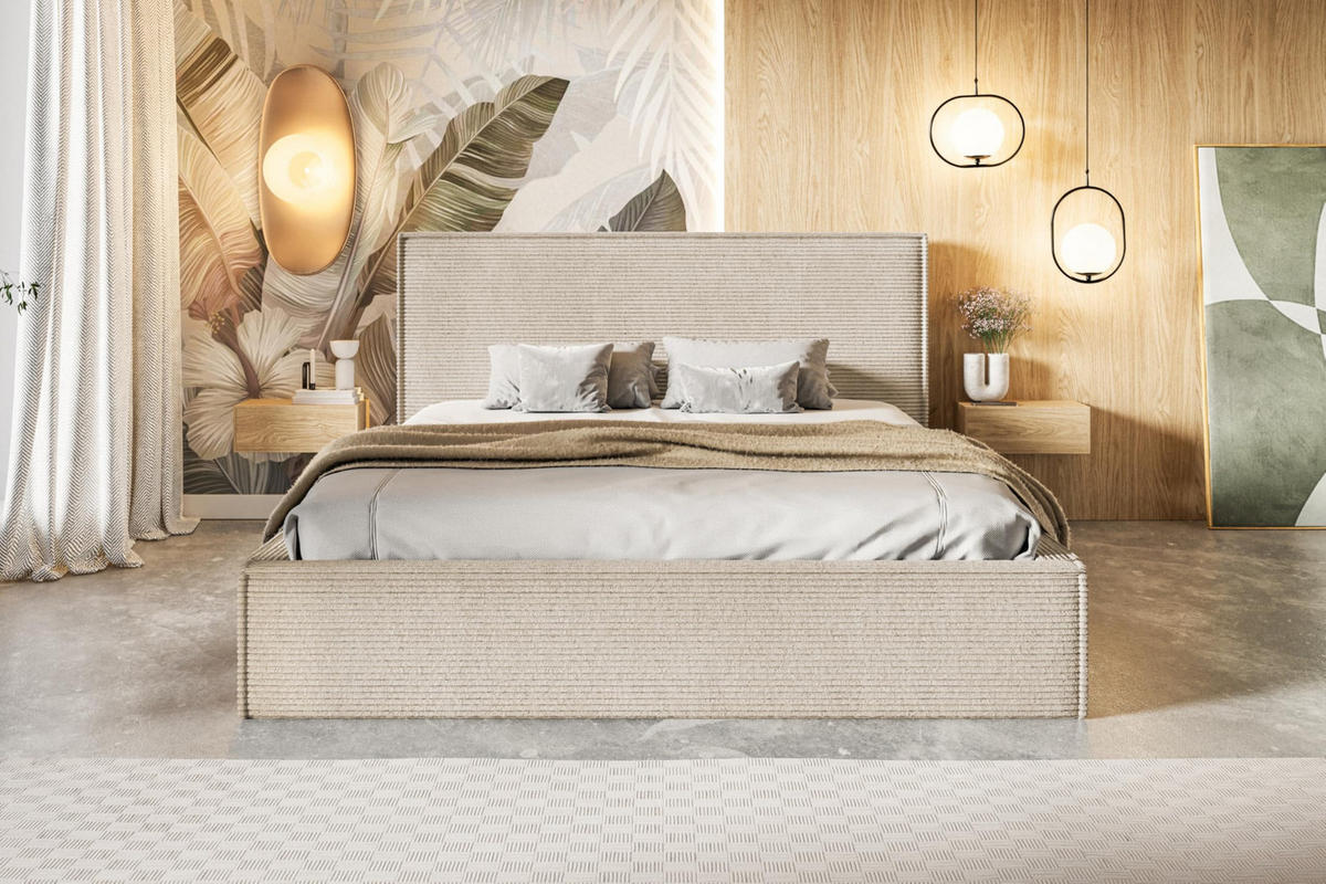 BETT 90x200 - Polsterbett mit Bettkasten und Metallrahmen - Modern Betten - Hochwertiger Poso-Stoff - Kollektion Milano - Beige - Beige, Holz/Textil (90/200cm) - Alpi-Möbel