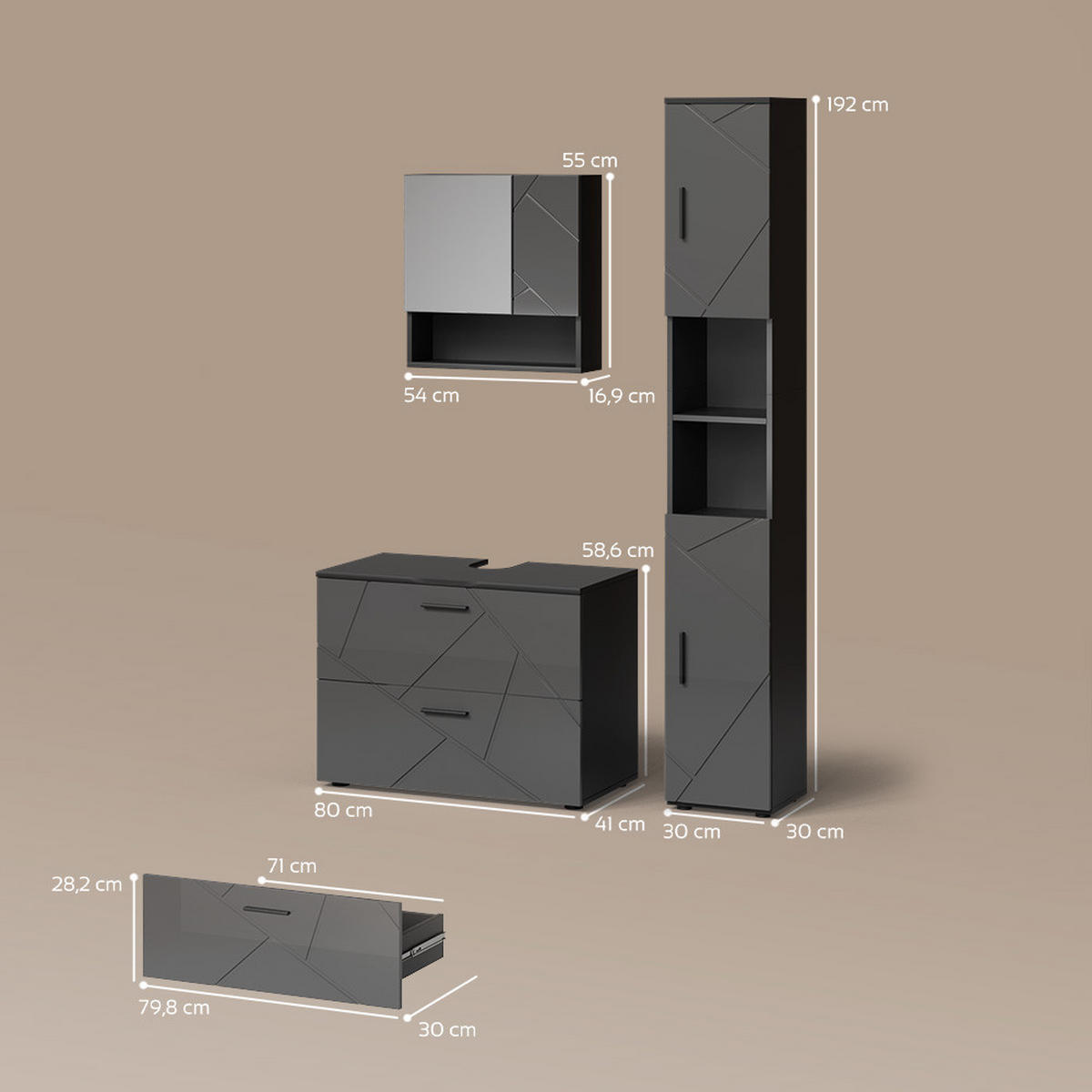 BADMÖBEL-SET Ronco Anthrazit Hochglanz 3 Teile, mit Schubladenschrank und Hochschrank - Anthrazit, Holzwerkstoff (80/58/41cm) - Livinity®