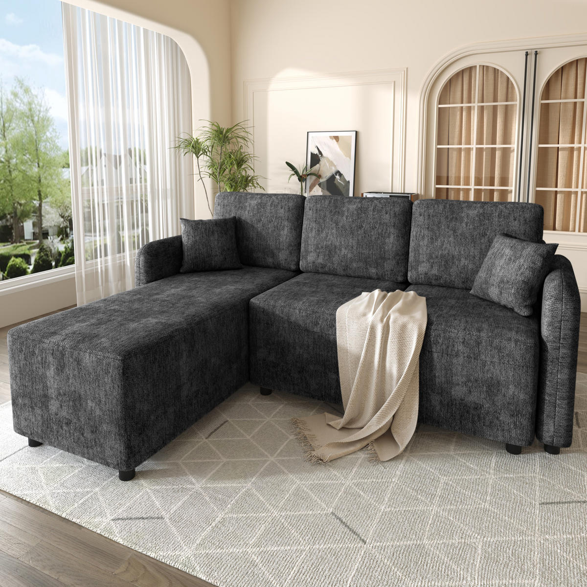 ECKSOFA 187.5/144/85.5 cm Schwarz Chenille mit 2 Kissen - Schwarz, Kunststoff/Textil (187.5/144cm) - Oxeza