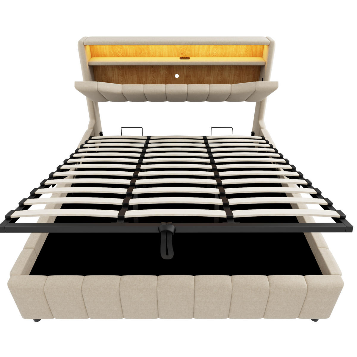 BOXBETT 180/200 mit Bettkasten, LED/USB-C, Lattenrost, Leinen, Beige - Beige, Holz/Textil (180/200cm) - LVHOM