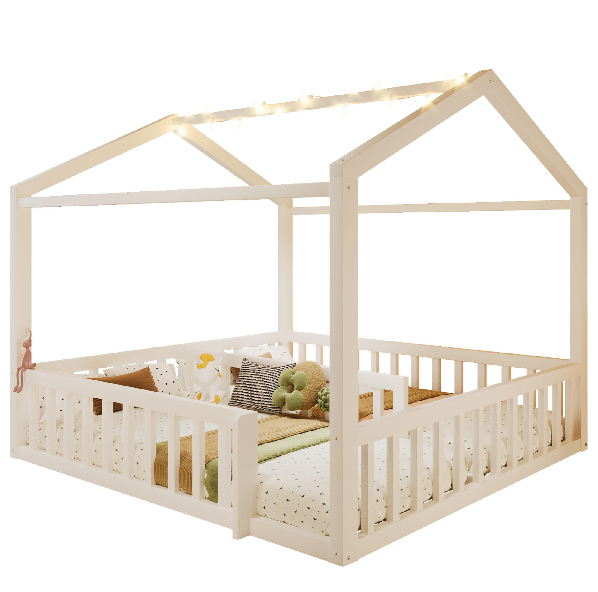 KINDERBETT 195/191/156,5 cm in Hausform mit LED und teilbarer Liegefläche 90/190 cm - Weiß, Holz (90/190cm) - BEAOK