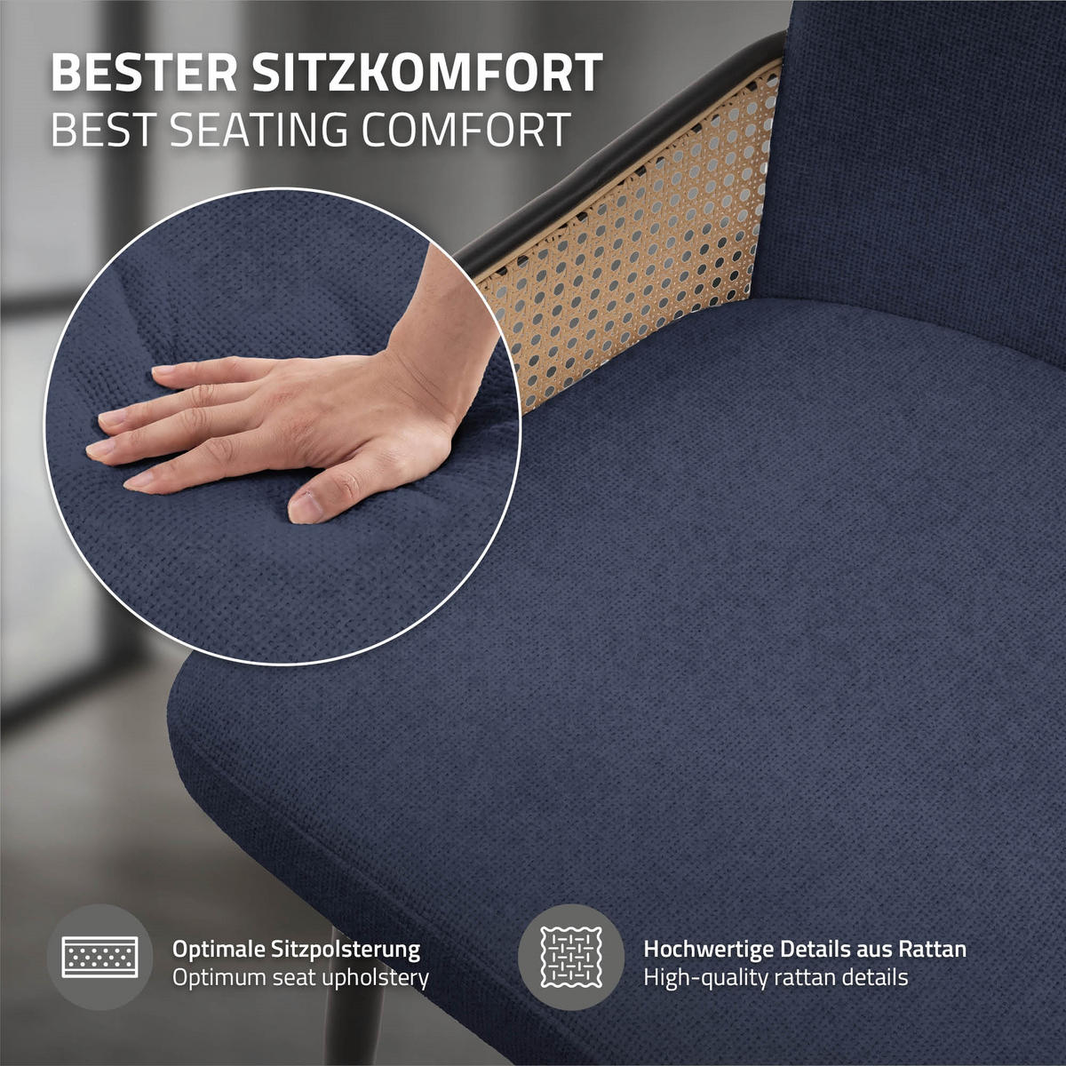 JÍDELNÍ ŽIDLE, sada 2 ks, tmavě modrá, s látkovým potahem v ratanovém vzhledu - černá/tmavě modrá, kov/textil (51/91/61cm) - ML-DESIGN