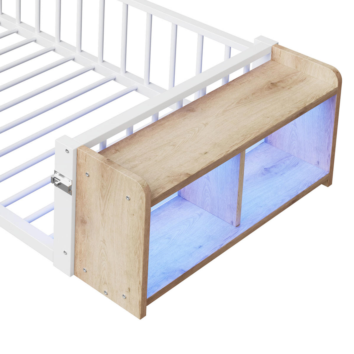 BODENBETT 90/200 cm DE-03338, mit LED, Schließfach und Schutzgeländer, in Weiß - Weiß, Holzwerkstoff/Metall (90/200cm) - ComfortXL