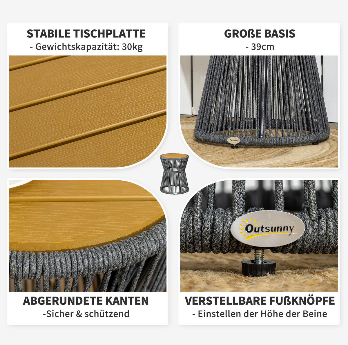 BEISTELLTISCH aus Aluminium 39x39x49 cm Dunkelgrau mit verstellbaren Füßen und PE-Rattan im Boho-Stil - Dunkelgrau, Metall (39/39/49cm) - Modfu