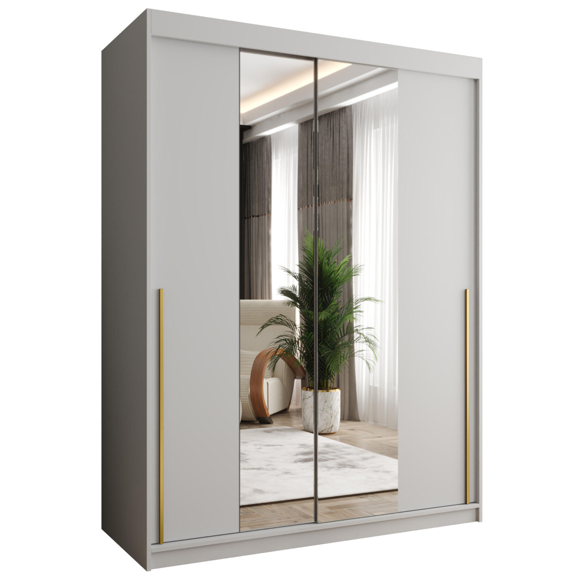 SCHIEBETÜRENSCHRANK mit Spiegel 150 cm Breite Weiß mit goldenem Griff - Goldfarben/Weiß, Holzwerkstoff (150/200/62cm) - Home Collective
