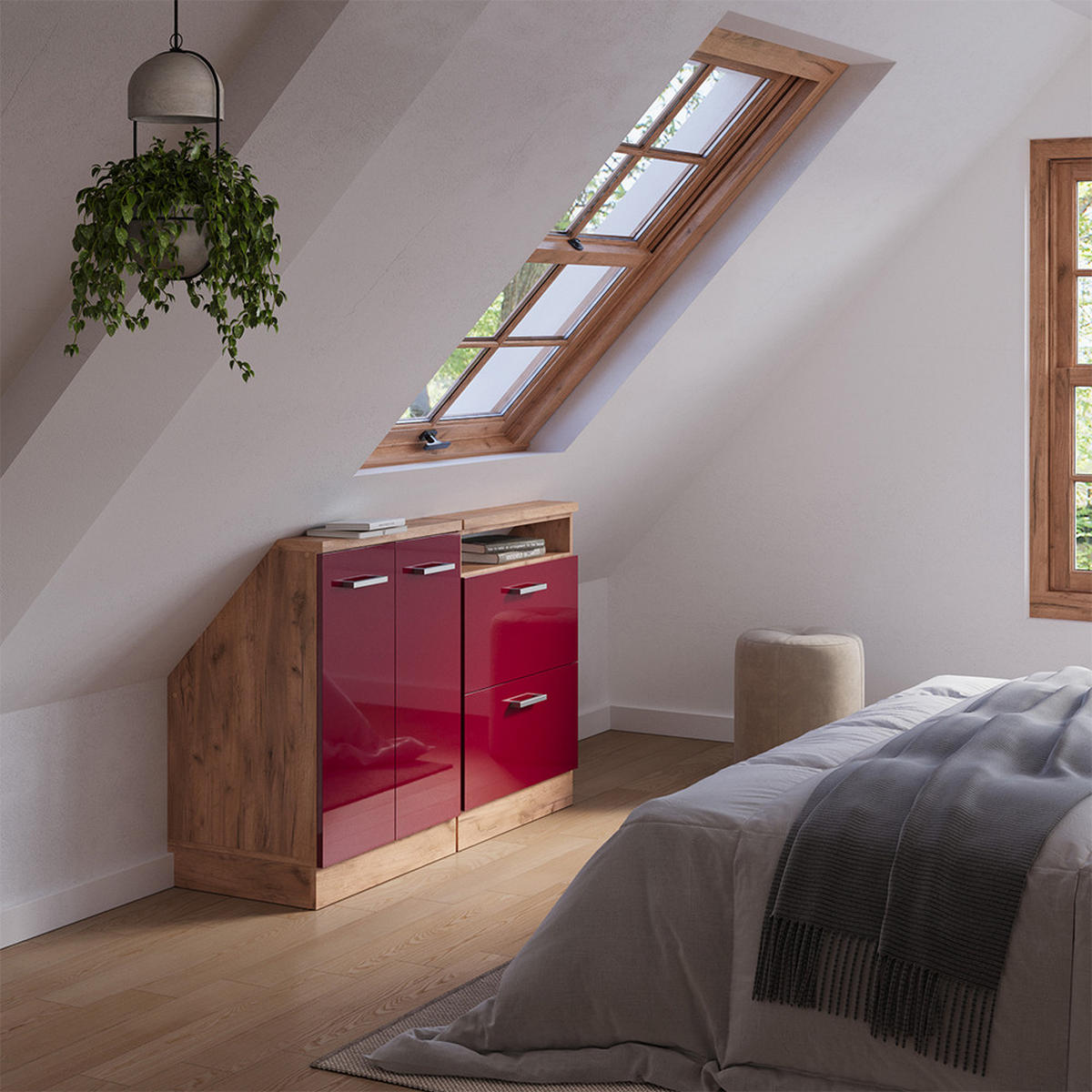 DACHSCHRÄGENSCHRANK-SET Rion Rot Hochglanz/Goldkraft Eiche 2er Set - Honigeiche/Rot, Holzwerkstoff (120/81.6/46cm) - Vicco