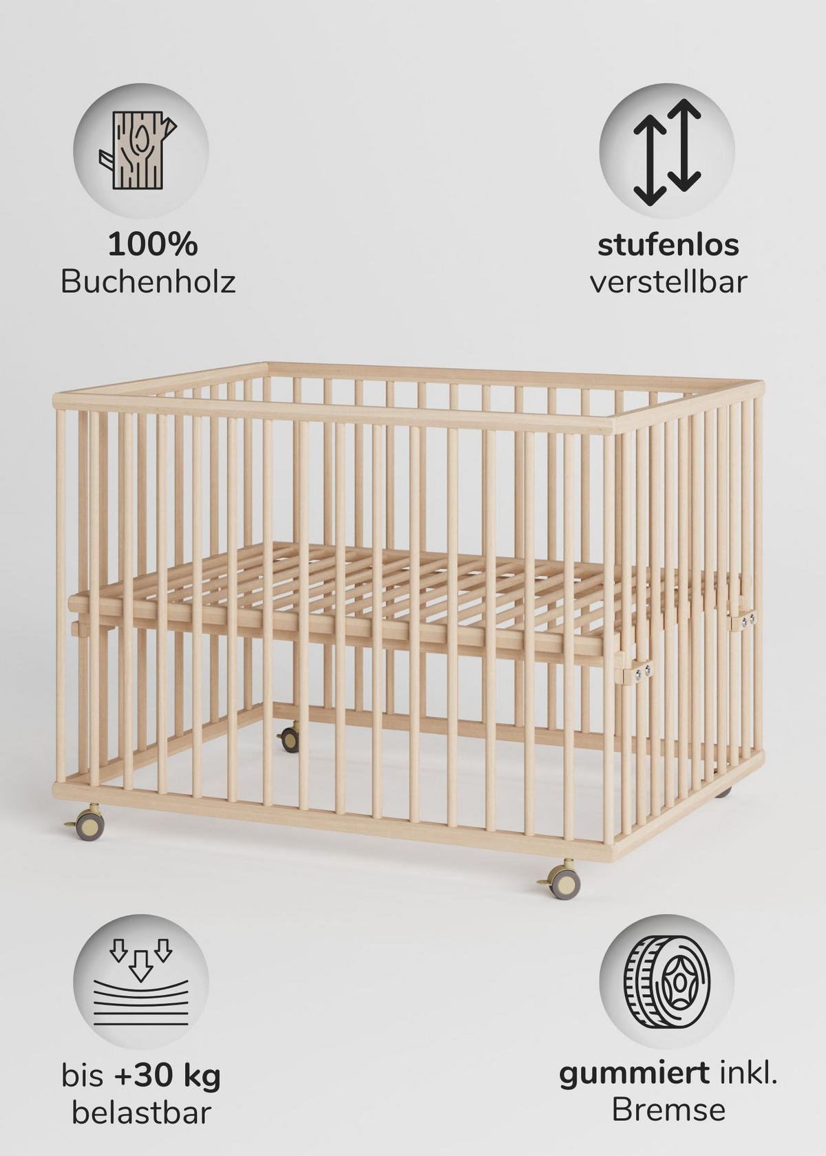 LAUFGITTER 75x100 cm mit Matratze SleepPlus, Lattenrost & Schlupfsprossen - natur - Premium Kollektion - Naturfarben, Holz (100/74/75cm) - Sämann – make a difference.