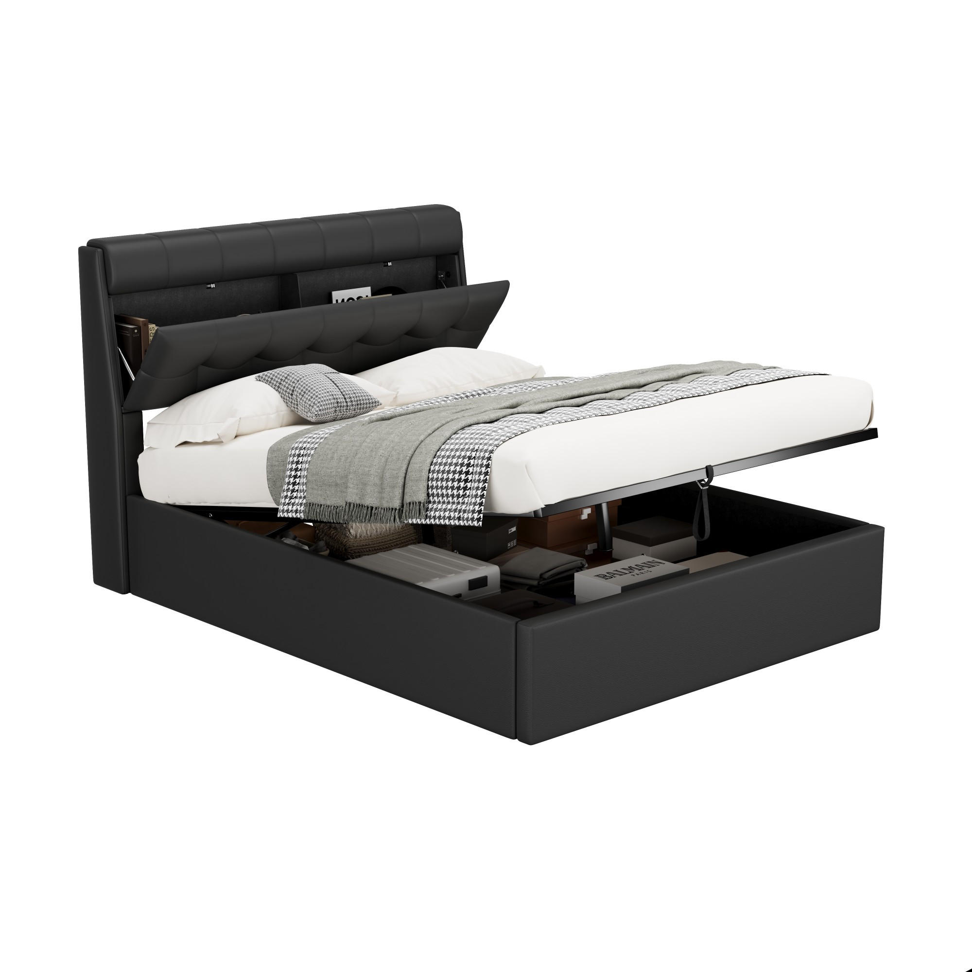 POLSTERBETT 140/200 cm Schwarz mit hydraulischem Bettkasten und Lattenrost - Schwarz, Kunststoff (140/200cm) - OKWISH