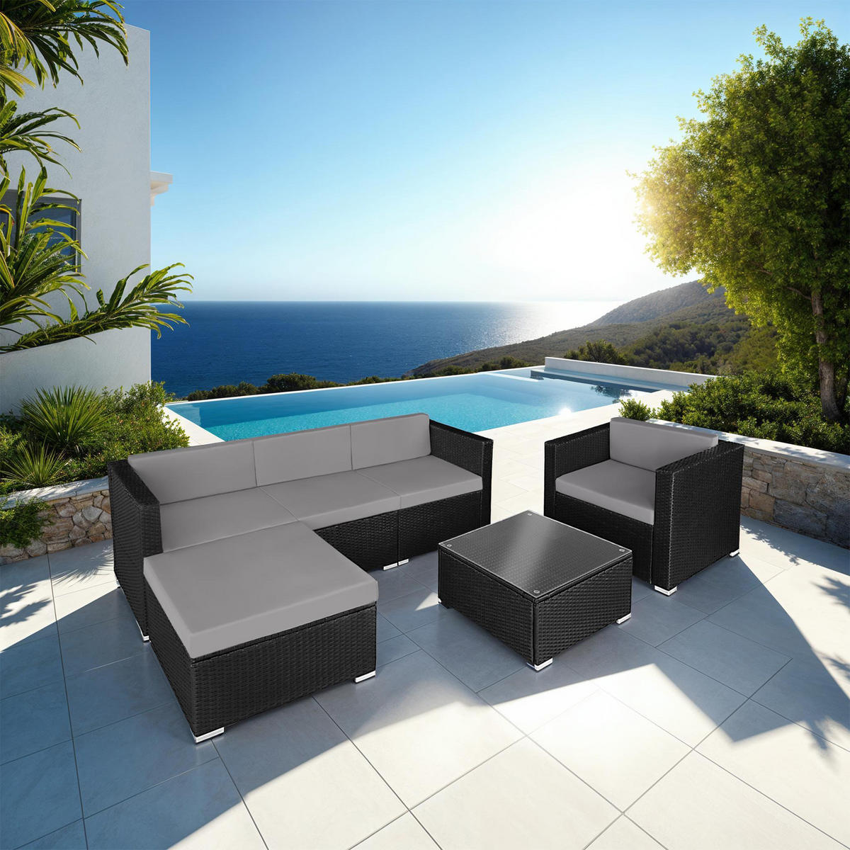 RATTANLOUNGE Milano,mit Sicherheitsglasplatte,schwarz/grau - Schwarz/Grau, Kunststoff - tectake