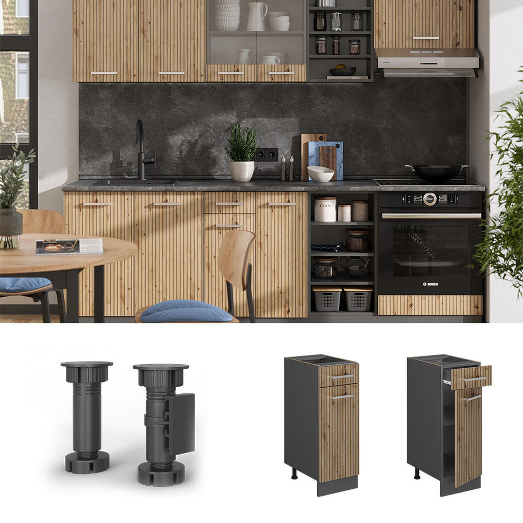 Thumbnail - Vicco Küchenunterschrank, Eiche Artisan, Anthrazit, Holzwerkstoff, 3 Fächer, 1 Schubladen, Rechteckig, 30x81.6x60 cm, Kü...