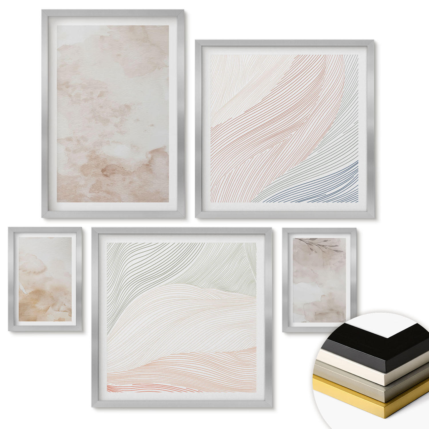 WANDBILDER 5er Set - 50x50 cm & 20x30 cm & 40x60 cm Silberner Rahmen - Aquarellblätter in Pastellfarben - Silberfarben, Kunststoff (40/60cm) - ArtPrintCave