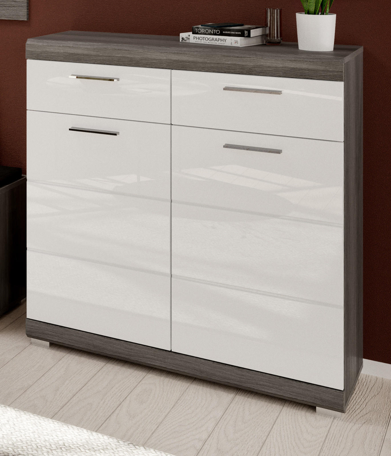 SCHUHSCHRANK weiß Hochglanz, Rauchsilber grau 90 cm, Flur Kommode mit Vollauszug - Chromfarben/Weiß Hochglanz, Holzwerkstoff/Kunststoff (90/96/37cm) - Inn.Furn