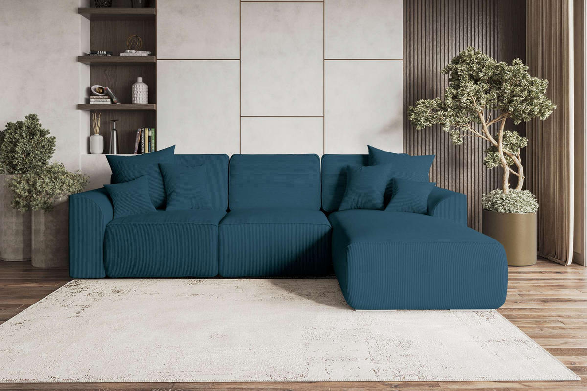 ECKSOFA GUSTO Cordstoff Blau Rechts inkl. Schlaffunktion - Blau/Chromfarben, Kunststoff/Textil (295/194cm) - 99rooms
