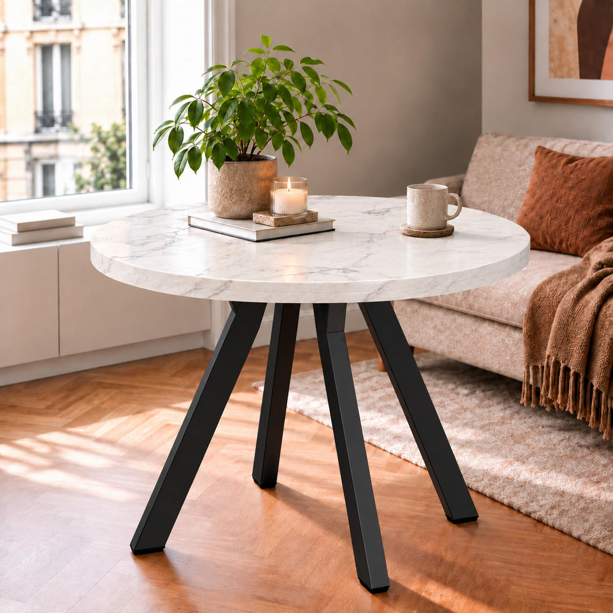 ESSTISCH rund ausziehbar 90/190/76 cm, Marmor, 54 cm Tischplatte + Y Metallgestell Schwarz - Hellgrau/Schwarz, Holzwerkstoff/Metall (90/190/76cm) - Damale Möbel