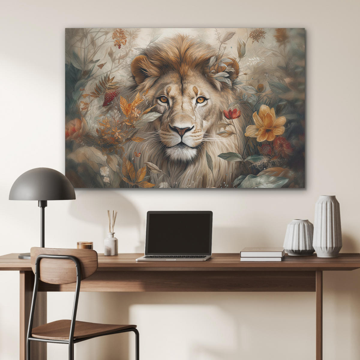 AKUSTIKBILD Löwe - Wildtiere - Pflanzen - Natur - Blumen Akustikpaneele 90x60 cm - Beige, Kunststoff (90/60/0.9cm) - MuchoWow